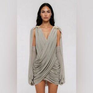 Draped V-Neck Mini Dress in Light Gray